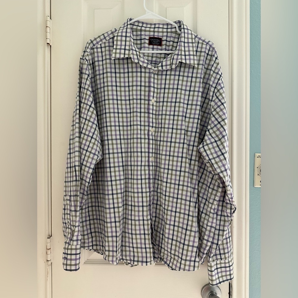 Untuckit White Purple Plaid Dress shirt size 3XL. Relaxed Fit - Picture 1 of 4